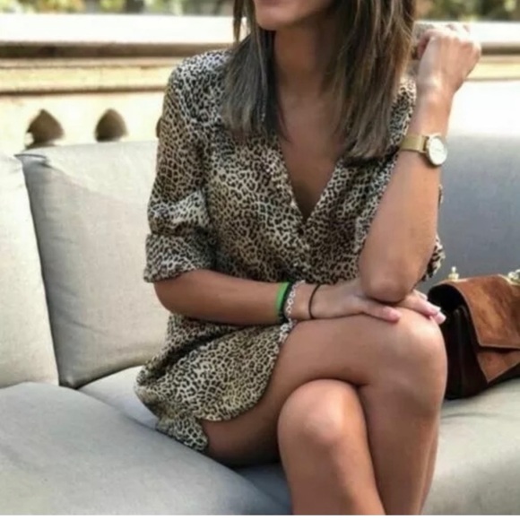 Zara TRF Leopard Animal Print Long Shirt Tunic Satin Mini Dress - Blogger Medium - Picture 3 of 9